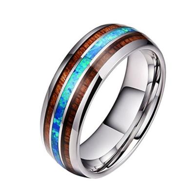 China TRENDY Rings 8mm Tungsten Carbide Wood and Opal Inlay Wedding Band for Men for sale