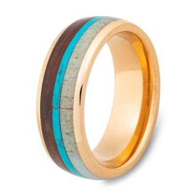 China TRENDY 18K Rose Gold Plated Turquoise Tungsten Carbide Wooden Rings Genuine Deer Antler and Koa Inlay for Men for sale