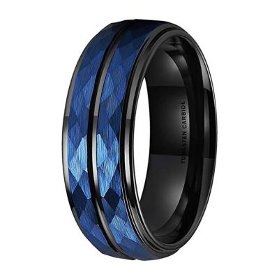 China FASHIONABLE IP Black Tungsten Carbide Ring Grooved Step Edges Wedding Blue Plated Double Hammered Band for sale