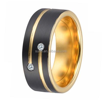 China Classic 8MM Brushed Matte Finish Mens Black Gold Tungsten Ring Flat Diamond Engagement Ring for sale