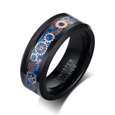 China New Arrival FASHIONABLE Fashion Carbon Fiber Men's Black 8mm Tungsten Carbide Gear Pattern Ring Blue for sale