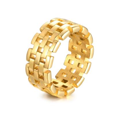 China FASHIONABLE Hot Selling Gold Plated Women Wide Chunky Ring Hollow Out Watchband Ring Stainless Steel Jewelry for sale