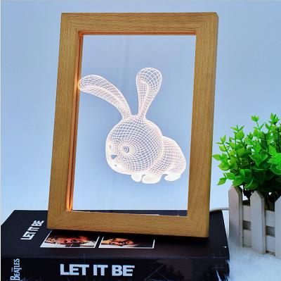 China Modern Solid Wood 3D Picture Frame Wooden Night Led Photo Frame Light Cute Animal Lamp For Room for sale