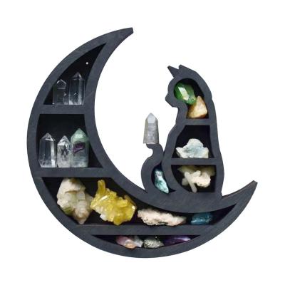 China Europe KRAFF RTS Floating Shelves Wall Decor Crescent Moon Cat Shelf Cat in the Moon Crystal Wooden Shelf for Crystal for sale