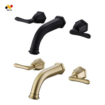 China Metered Faucets M3035 Household Wall Mount Dual Hole Black Gold Waterfall Basin Water Faucet Bathroom Sink Faucets Mixer Taps Brass Faucet for sale