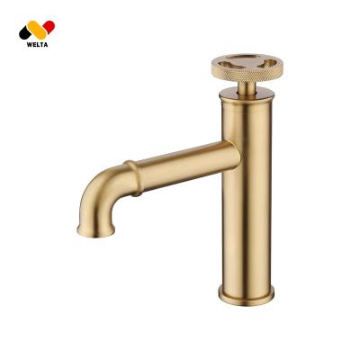 China Metered Faucets Luxurious Hot Cold Basin Deck Mounted Mixer Bathroom Faucets Gold Finish for sale