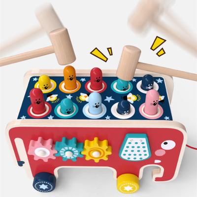 China Wooden Multiple Playings Pounding Toys and Wooden Grinding Pounds Stool Pull Along Elephant Gopher Toy for sale