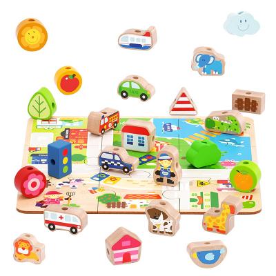 China Construction Toy Wooden Lacing Bead Blocks toys wood sorting building blocks set with puzzle board for sale