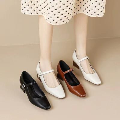 China Printed pointed heels for women 2023 new drop line with French single shoes for women retro shallow cut work shoes for women thick heels for sale