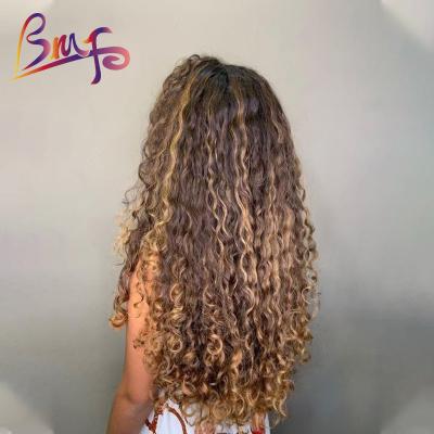 China Brazilian Virgin Curly Wave Cuticle Aligned Highlights Wig Hair Vendors, HD Wave Lace Front Raw Curly Highlight Pre Plucked Transparent Wig for sale