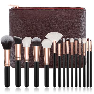 China Angular Blush Brown Private Label Makeup Brushes 15pcs Wooden Handle Foundation Brush Premium Cosmetic Brush Set for sale