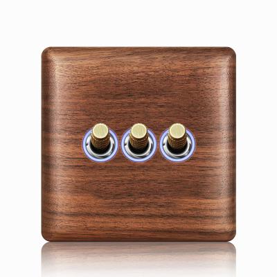 China Hardness 86mm UK/EU Standard 3 Gang 1/2 Way Wall Push Lever Lamp Light Switch Thick Solid Wood Socket And Panel Switches 16A for sale