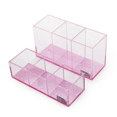 China Pink Glitter Bottom Viable Container Organizer Acrylic Partition Desk Tidy With 3 Divider for sale