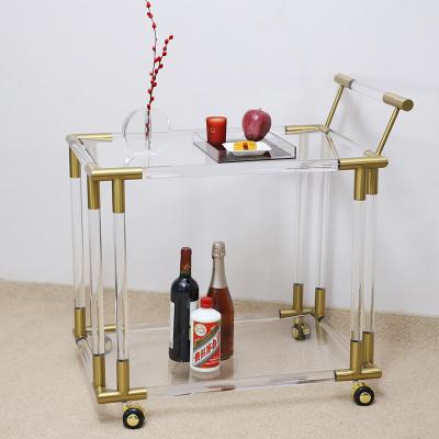 China Modern High End Customizable Cheap Hotel Furniture Antique Brass Metal Glass Acrylic Drinks Serving Trolley Bar Cart for sale