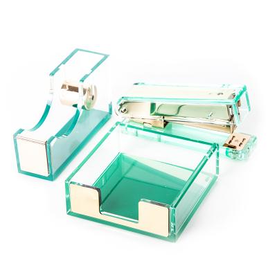 China Stationery Customizable Acrylic Green Set Stapler Tape Dispenser Pen Pencil Holder Memo Notes Desktop Holder for sale