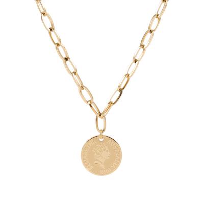 China Trendy Hip Hop Stainless Steel Jewelry 18K Gold Plated Custom Coin Pendant Necklace for sale