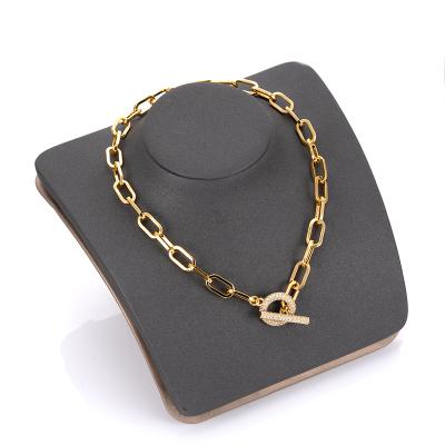 China 10mm Inlay 18K Zircon Fashion Jewelry Brass Paper Clip OT TRENDY Gold Plated Chain Loop Pendant Necklace for Women and Girls for sale