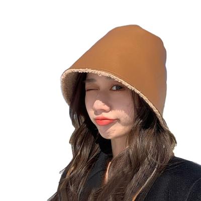 China Double-sided fisherman leather hat character hat autumn and winter female all-match can use Japanese lamb wool leather PU warm basin hat for sale