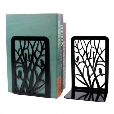 China Book Satnd Metal Tree Shade Bookend L Shaped Bookcases Hollow-out Book Stand Filed Black Book Stand Metal Bookend for sale