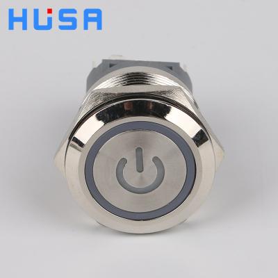 China Illuminated Symbol HUSA LOGO 22mm Metal Push Button Switch Ring&Power Symbol LED Illuminated LED12-24v Spring Reset Led Lamp Switch Button for sale