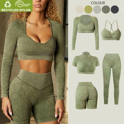 China Breathable Wholesale Women Recycled Yoga Sets High Quality Seamless Yoga Wear Tights Gaiters Custom Sustainable Yoga Shorts Two Piece Set for sale