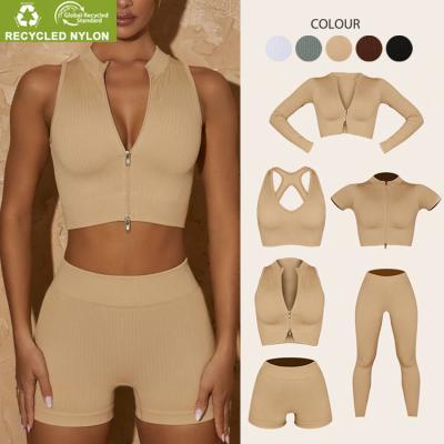 China Wholesale Breathable Ladies Gym Fitness Suit Recycled Fabric Yoga Wear Yoga Sets 6 Piece Seamless Crop Zipper Women Fitness Top Sportswear for sale