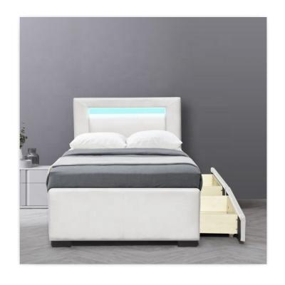 China Modern Design Storage Bedroom Furniture Fax Leather Fabric Single Bed with Drawers and LED on Headboard for sale