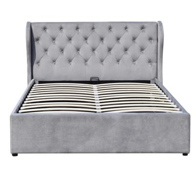 China Hotsale Storage OEM Factory Customized Button Velvet Fabric Wingback Gas Lift Tufted Headboard Upholstered Platform Storage Bed for sale