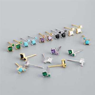 China Mini Earrings Cute Design Environmental Friendly 925 Sterling Silver Gold Plated Small Square Zircon Stud Earrings Colorful Women for sale