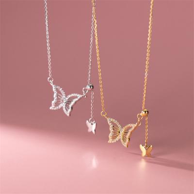 China Cute Hot Sale Fine Gold 925 Sterling Silver CZ Crystal Butterfly Pendant Charm Necklace 18K Jewelry For Women for sale