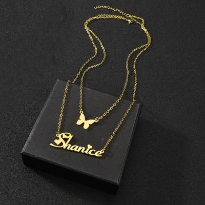 China Fashion Double Layer Chain Design Jewelry Stainless Steel Butterfly Custom Name Pendant Necklace Gold Plated for sale