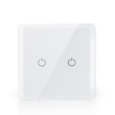 China Live No Neutral Version CE RoHS Certificated 2 Gang Panel Tuya Smart WiFi White Glass Lamp Switch for sale