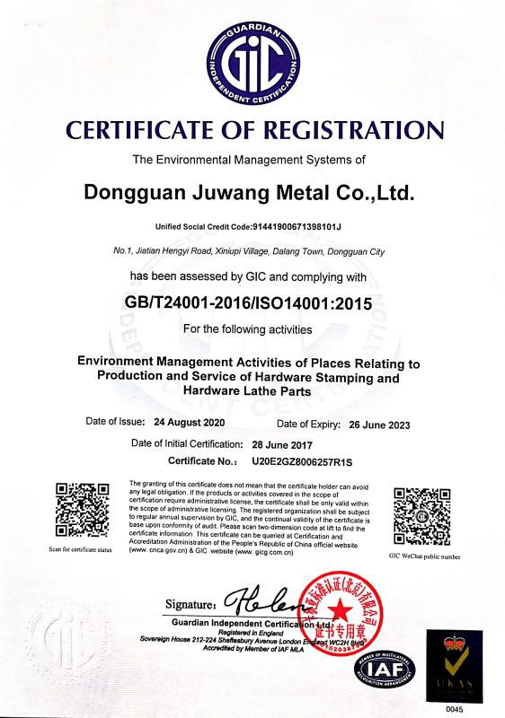 ISO14001 - Dongguan Juwang Metals Co., Ltd.