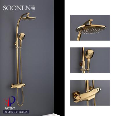 China With Sliding Bar Luxury Wall Exposed Brass Thermostatic Bathroom Faucets Gold Full Bathroom Shower Fittings for sale