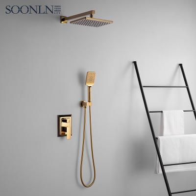 China Thermostatic Slide Bar Gold Free In Wall Hand Held Rainfall Shower Faucet Mixer Faucet Set for sale