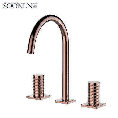 China Widespread hot and cold water separated two handles three Rose Gold Bathroom Tap of brass hot and cold holes for sale