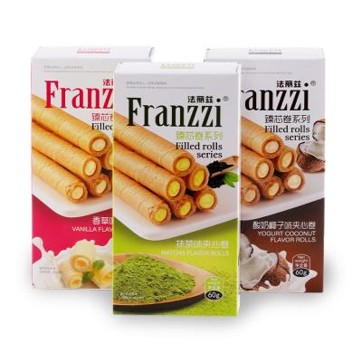 China Sunssi Natural Factory Hot Sale 60G Franzzi Filled Rolls Matcha Healthy Yogurt Coconut Flavor Wafer Cookie For Travel for sale