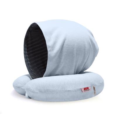 China Blue Memory Foam Travel Pillow U Shape Hooded Neck Protector Pillow Memory For Airplane for sale