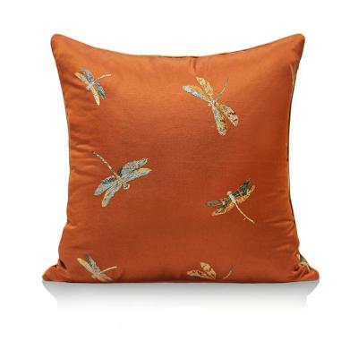 China Orange Satin Embroidery Dragonfly Design Square Tile Cozy Home Decor Pillow Case Cushion Cover for sale