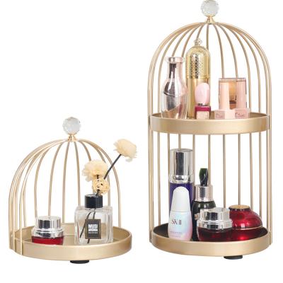 China Golden Desktop Tabletop Birdcage Lipstick Perfume Skin Care Products Display Storage Rack Dessert Double Cosmetic Rack for sale