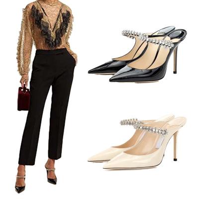 China Stylish Women Anti-Slip Diamond Tie Heels Strap Chain Mules Headed Toe Mules Nude Heeled Stiletto Female Heel Sandals for sale