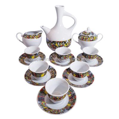 China Viable Queen of Sheba Ethiopian Coffee Set of 16 Pieces Art Coffee Cup Porcelain Traditional Eritrean for sale