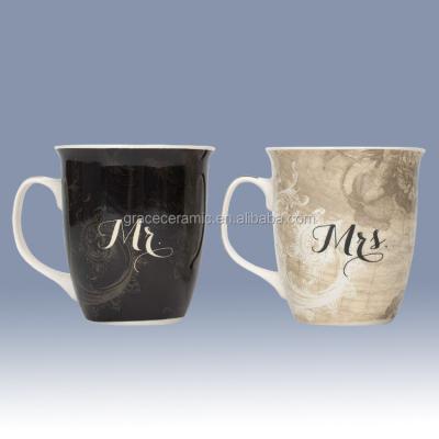 China Customized Viable Hot Sale Mr. & Mrs. Ruth 18oz Bone China Paint Design New Ceramic Coffee Mug Set Of 2 for sale