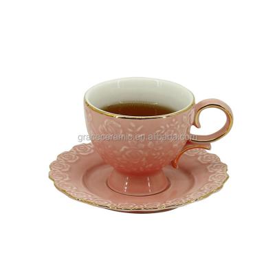 China Sustainable Pink Color Glazed Bone China Coffee And Tea Cup Set , 90ml Cup And Saucer Set Porcelain for sale