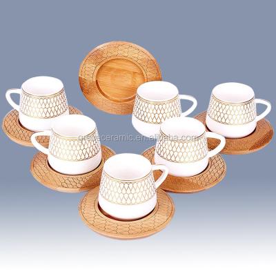 China Viable Design 12pcs Luxury European Porcelain Gold Ceramic Tea Cup Coffee Mug Set With Wooden Saucer for sale