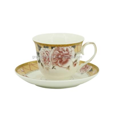 China 180ml Viable Modern Flower Design Russian Bone China Bone China Tall Tea Coffee Cup And Saucer for sale