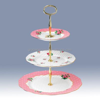 China Porcelain Country Rose Vintage 3-Tier Country Rose Cake Stand Cupcake Viable Sleek Elegant Ceramic Cupcake Stand for sale