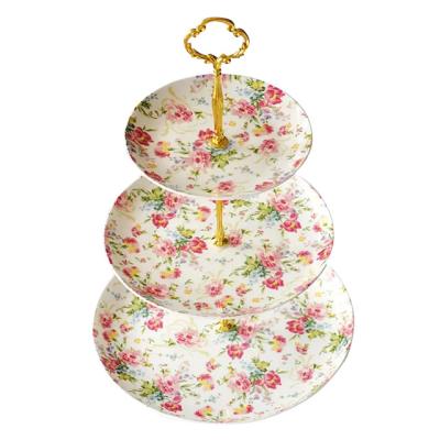 China Sustainable Porcelain Vintage Royal Ceramic Cake Stand Set Wedding 3 Tier Cake Stand With Plates for sale