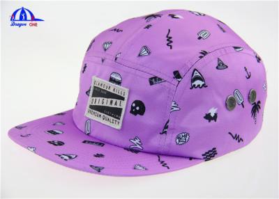 China Purple Plain Floral Print Custom 5 Panel Camp Cap with Printed patch Logo for sale