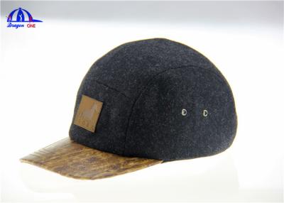 China Washed Custom Leather Patch Logo 5 Panel Camp Cap With Pattern PU Visor for sale